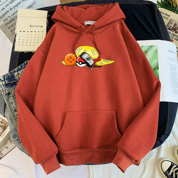 naruto one piece dragon ball pokemon hoodie brick red