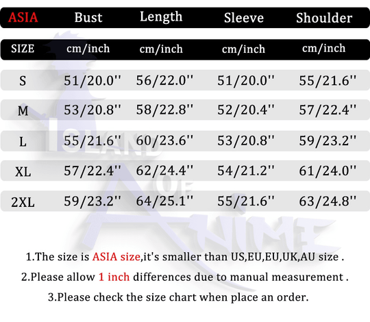 Hisoka Morow hoodie size chart