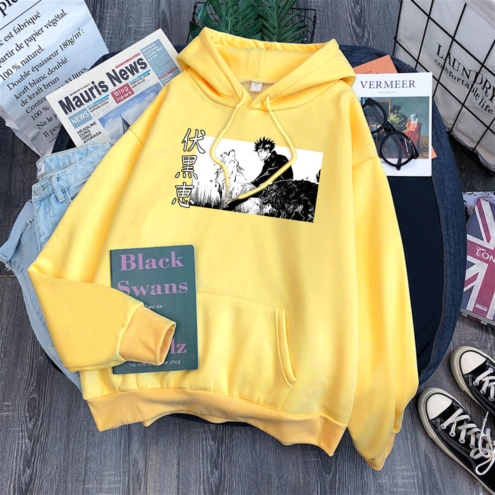 Megumi with Divine Dogs Hoodie yellow