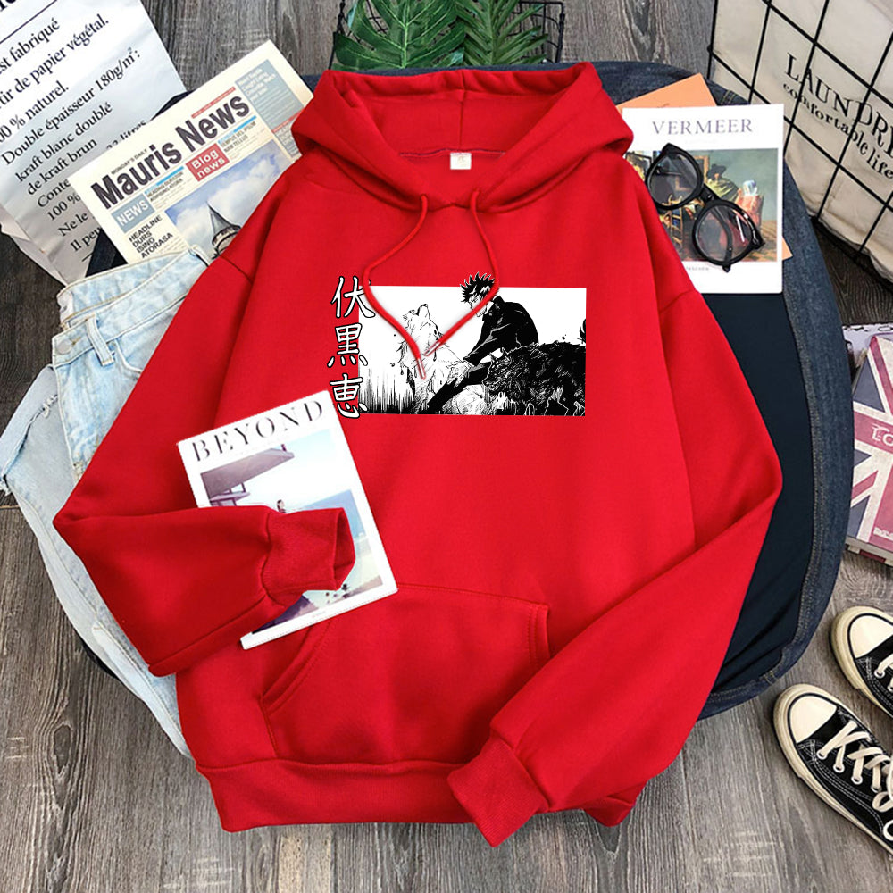 Megumi with Divine Dogs Hoodie red