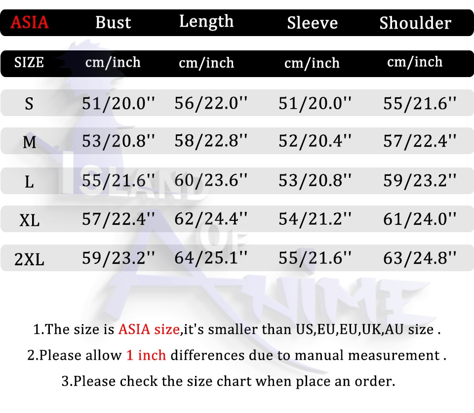 Naruto Hoodie size chart